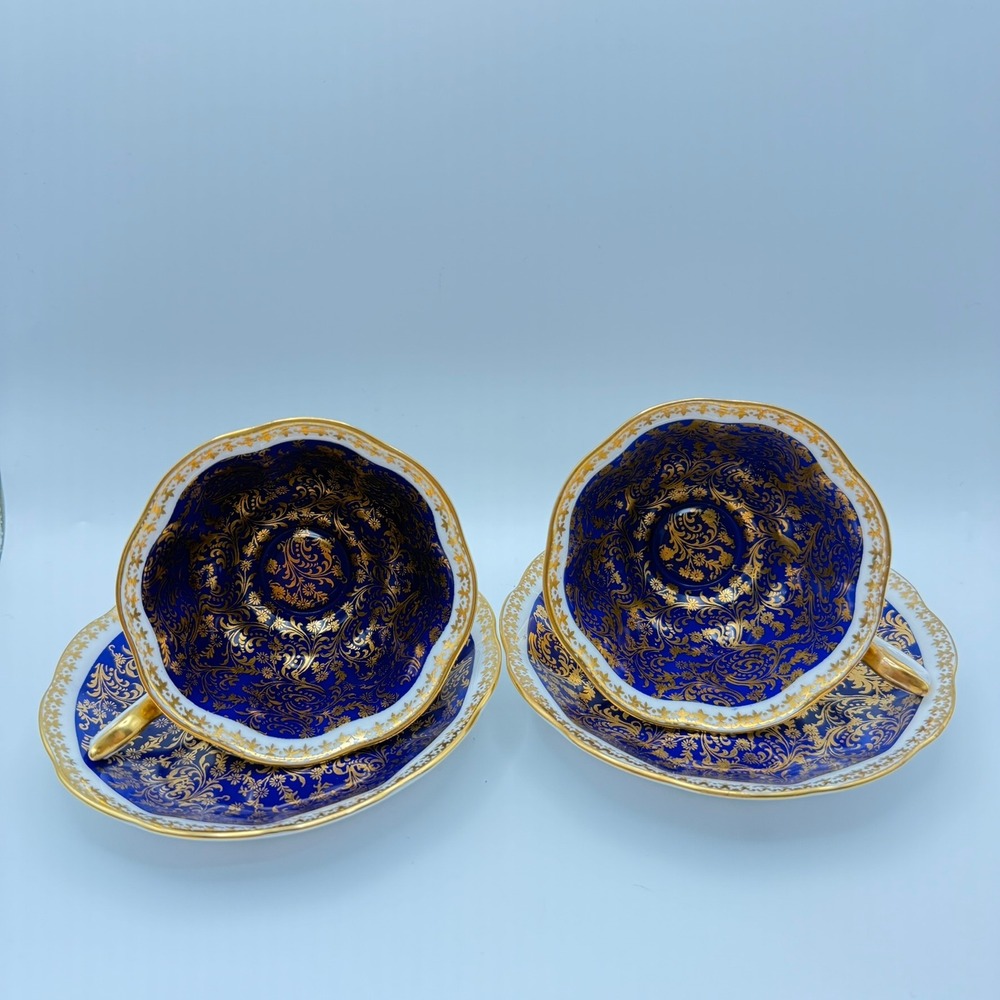 Royal Albert Mayfair Series Teacup Saucer Set Cobalt Blue Gold Floral Bone China